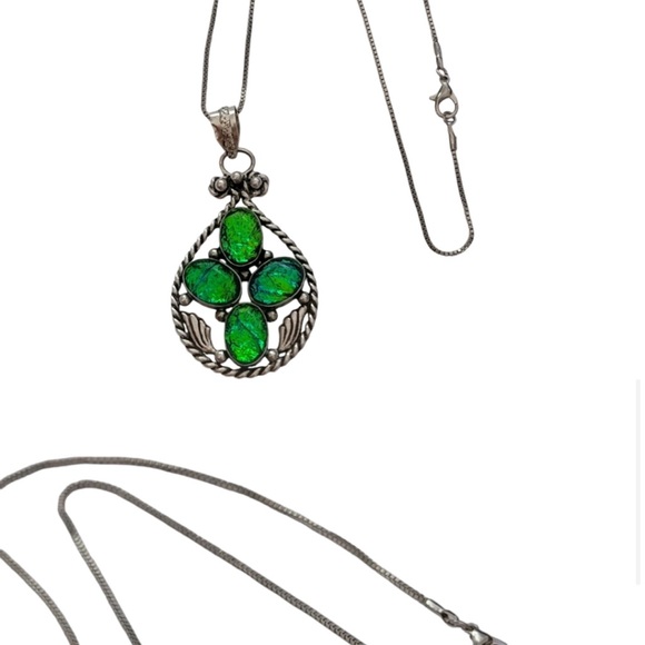 925 Silver Elegant Silver Blue Pendant Necklace Blue & Green Opal Pendant Only - Picture 2 of 13